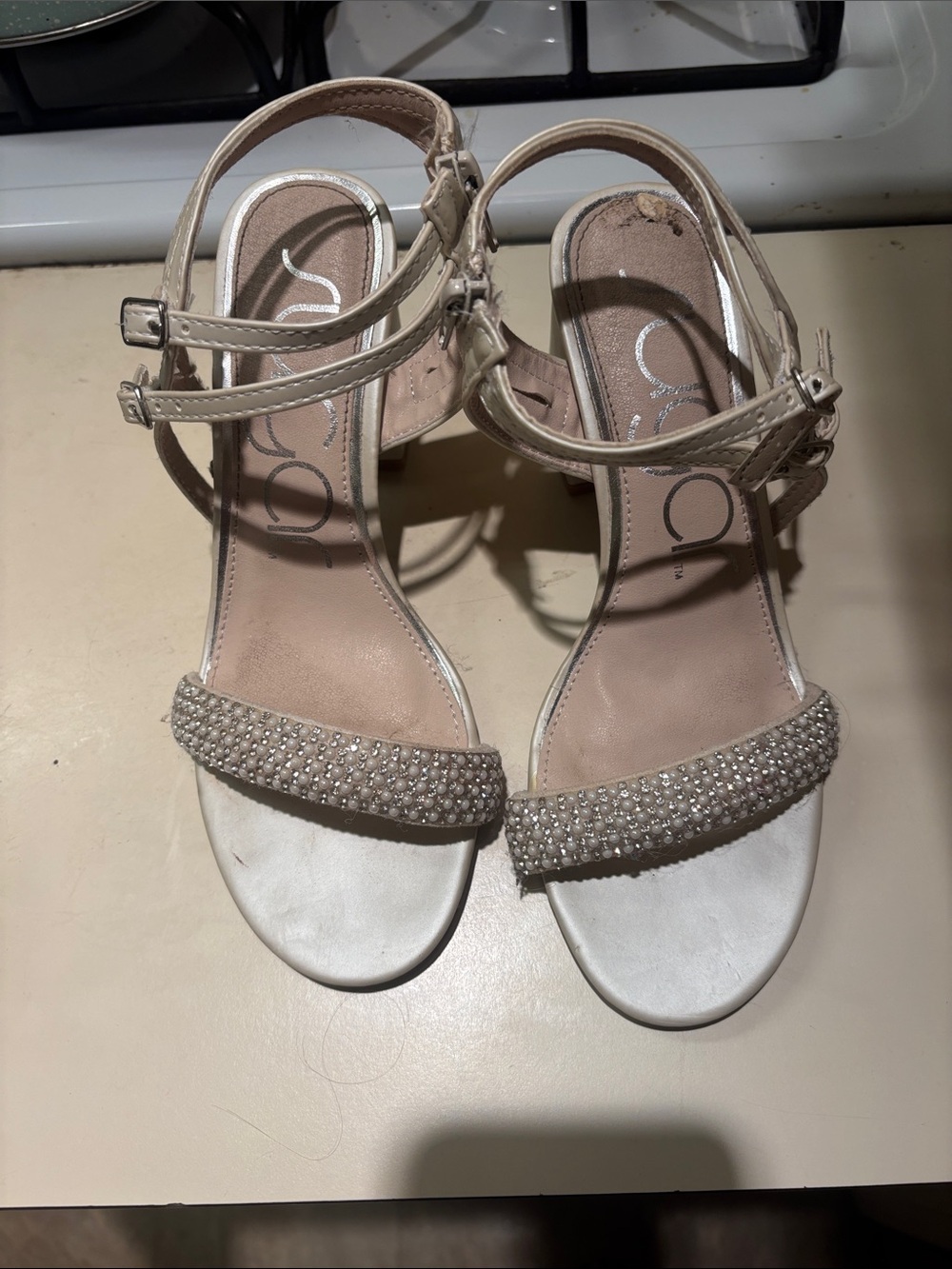 Aldo Ivory Pearl-Embellished Ankle-Strap Heels
